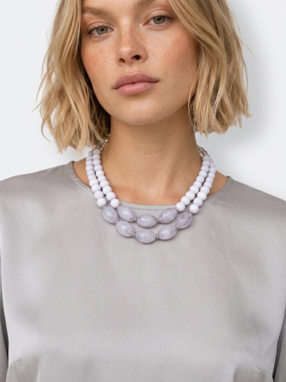 Gray Beaded Multi-Strand Necklace Adjustable